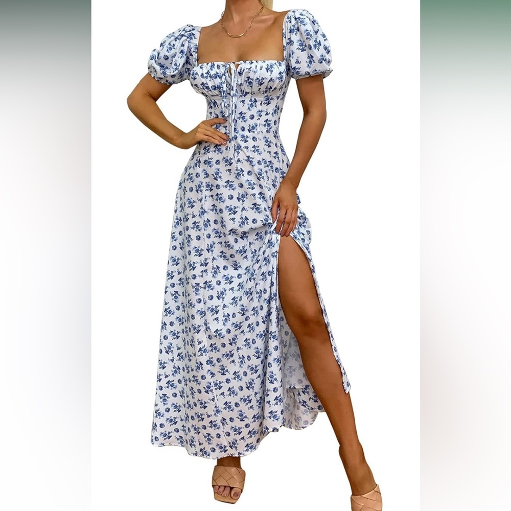 White with blue florals milkmaid dress